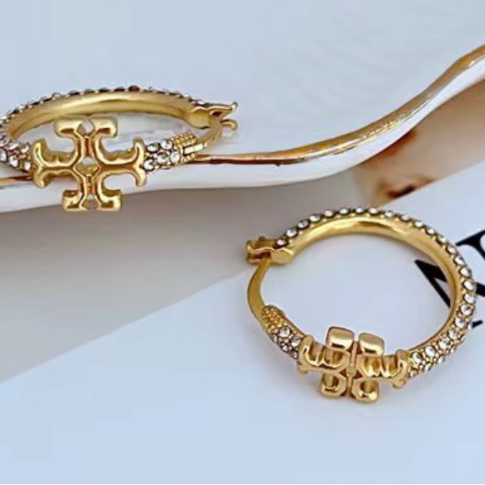 Tory Burch Gold Hoop Earrings with Crystal Pavé and Logo Charms